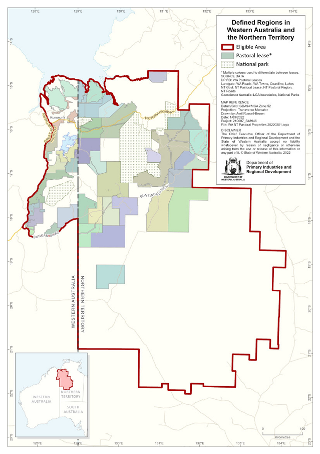Map of defined NT and WA regions for application for cattle importation exemption from inspection point requirements