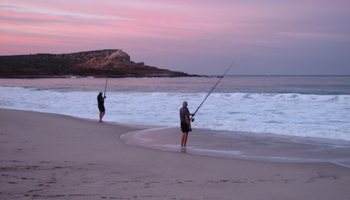 Two people beach fishing under pink sky