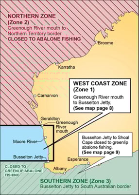 Map of Western Australia showing abalone zones and closures