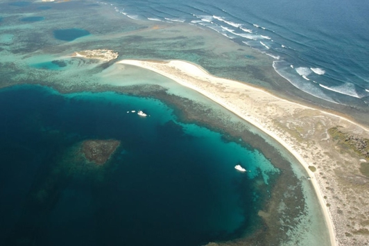 Aerial of boats using the public moorings at Morley Island Houtman Abrolhos Island