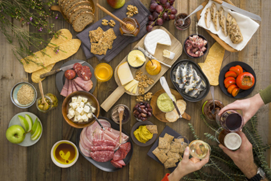 Overhead view of a large group of local food and beverage produce