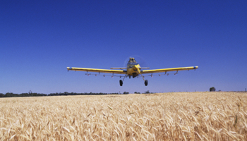 Plane spraying locust-infested crops