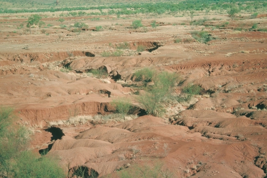 Landscape with deep gullies caused by water erosion